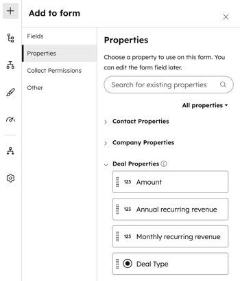 The form editor, displaying deal properties to add to your form.