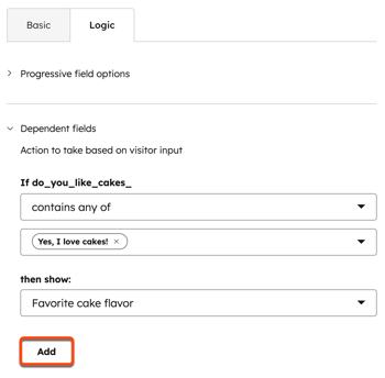 Screenshot of the legacy form editor showing dependent fields logic. The “Add” button, which is used to add new dependent fields, is highlighted.