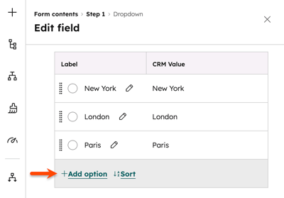 The form editor, displaying the option to add new options to an existing form field.