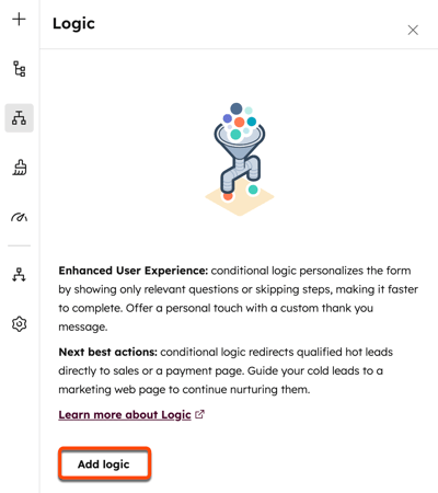 Screenshot of the Logic sidebar panel in the form editor, highlighting the Add logic button.