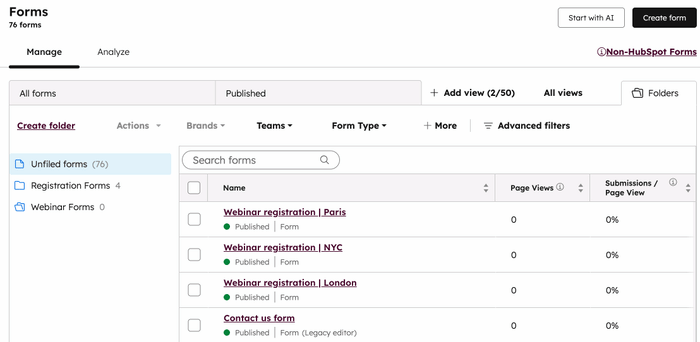 A gif showing the steps to add forms to an existing folder in the forms index page.