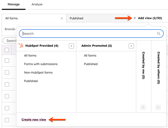 Screenshot of the forms index page, highlighting the “Add view” button in the upper right and the “Create new view” text link in the bottom left.