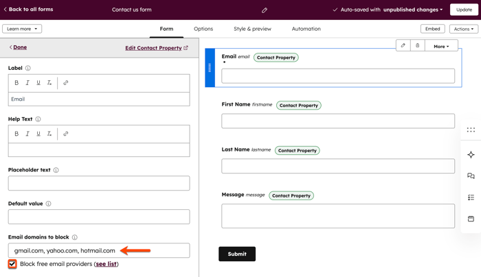 A screenshot of the legacy form editor. In the form tab, the email field is selected, and the field to add email domains to block is highlighted.