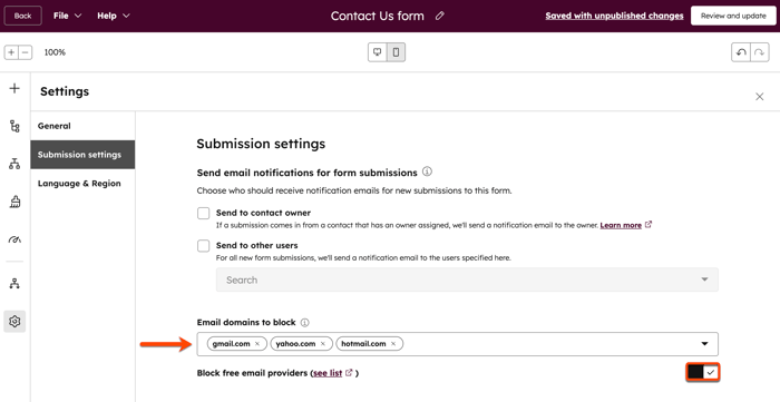 Form editor showing how to block certain email domains from submitting a form.