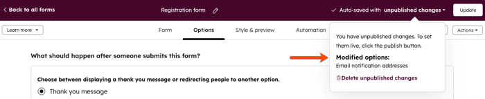 Form editor showing unpublished changes.