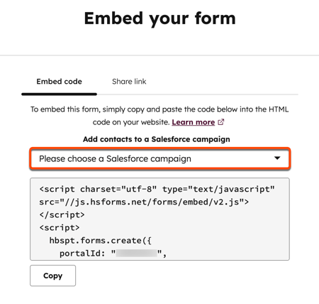 Screenshot of the Embed your form dialog box with a dropdown menu highlighted, showing the placeholder text “Please choose a Salesforce campaign”.