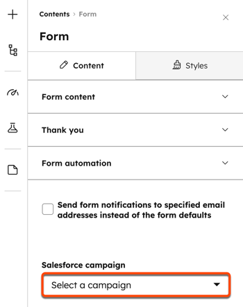 Screenshot of the content editor sidebar, showing the Form automation section expanded. The Salesforce campaign dropdown menu is highlighted with the placeholder text “Select a campaign”.