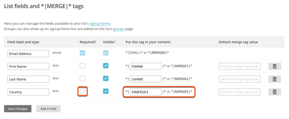 Mailchimp fields highlighting how to clear a required field.