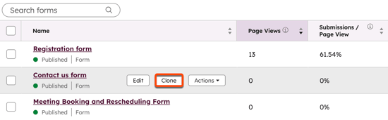 Screenshot of the forms index page, highlighting the “Clone” button next to an example form.