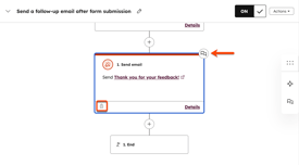 The forms editor automation tab, displaying a "send email" workflow action, highlighting the options to leave a comment or delete the action.