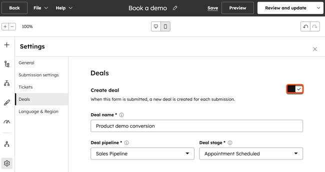 Form editor settings, displaying the option to create a deal through form submission.
