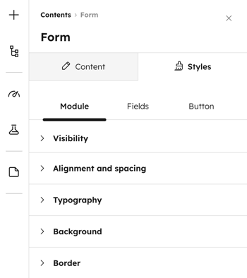 Screenshot of a form module's sidebar editor showing the Styles tab selected, showing sections for Visibility, Alignment and spacing, Typography, and Background.