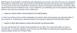 A screenshot of default text for separate consents (Individual checkboxes per consent) in the form editor.