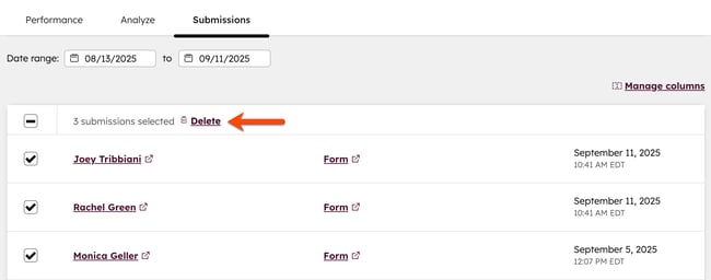 The form submissions tab, displaying three example form submissions, highlighting the option to delete all three form submission in bulk.