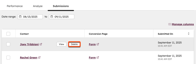 The form submissions tab, displaying the option to delete a form submission.