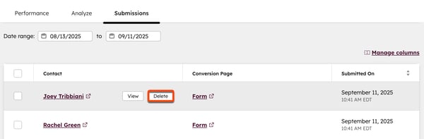 The form submissions tab, displaying the option to delete a form submission.