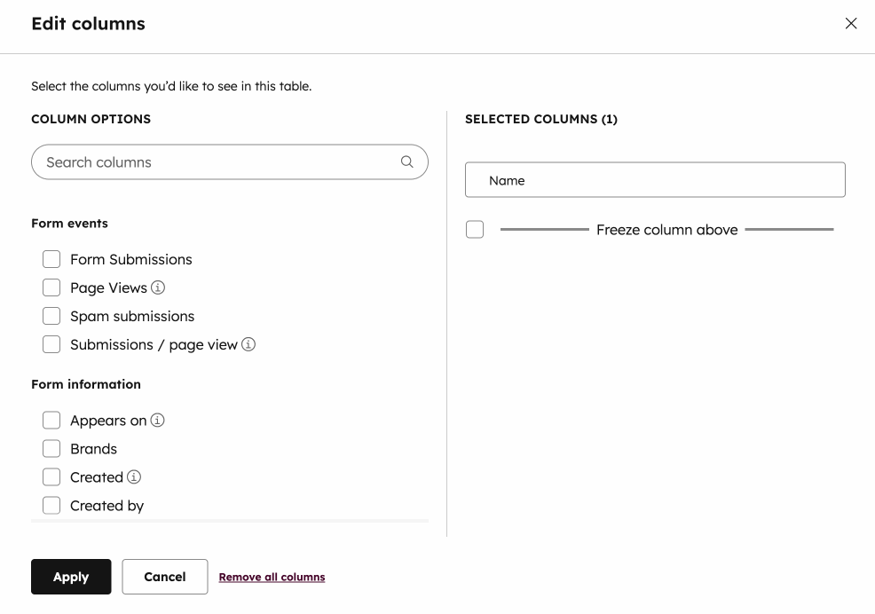 A gif showing the steps to add and edit the columns displayed in the forms index page.