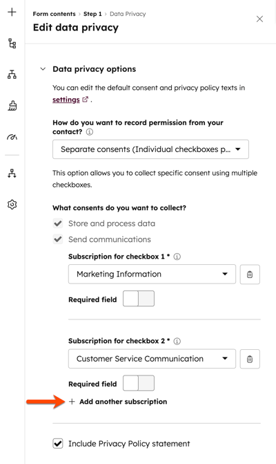 Screenshot of a form editor showing Data Privacy options, including checkboxes for “Store and process data", “Send communications”, and two subscription sections.