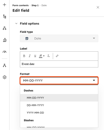 Screenshot of the Edit field panel for a date field, showing the Format dropdown menu format options.