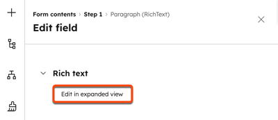 Screenshot of the Edit field panel in a form editor, highlighting the option to Edit in expanded view.