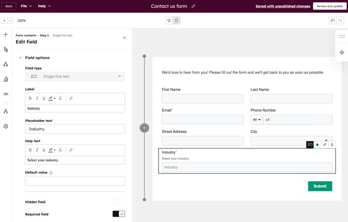 Screenshot of the form editor showing the Edit field panel for a single-line text field and a preview of the contact form.