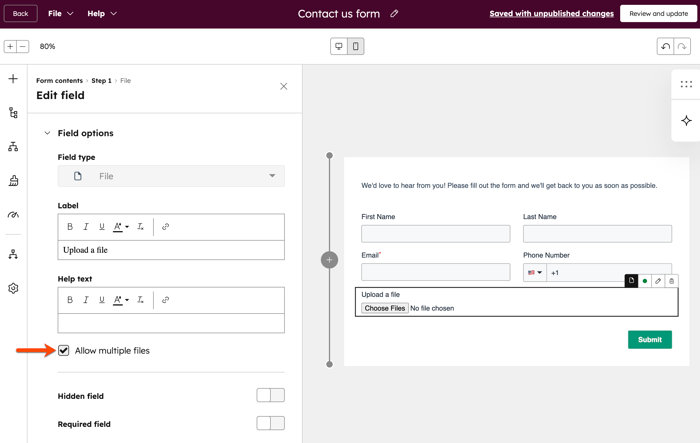 Screenshot of the Edit field panel for a file field, highlighting the “Allow multiple files” checkbox.