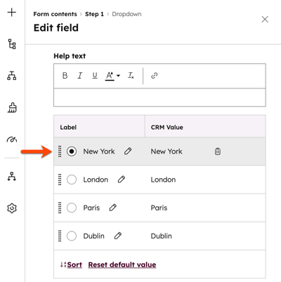 Screenshot of the form editor, showing the Edit field panel to edit property value options.