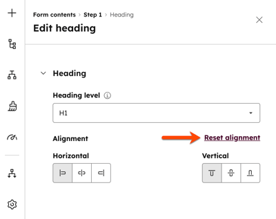 Screenshot of the Edit heading panel in a form editor, highlighting the Reset alignment link.