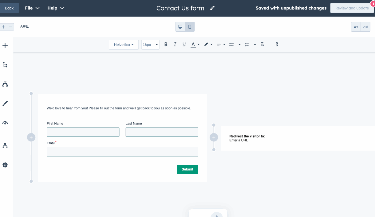 A gif displaying the steps to edit the form thank you message in the form editor.