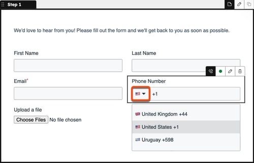 Screenshot of a form preview showing the phone number field with the country code dropdown open and highlighted.