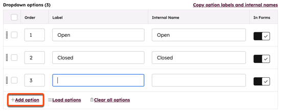 Screenshot of the property editor, showing the Add option button used to add property options.