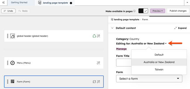Screenshot of the Design Manager, showing an open dropdown for smart rule segments.