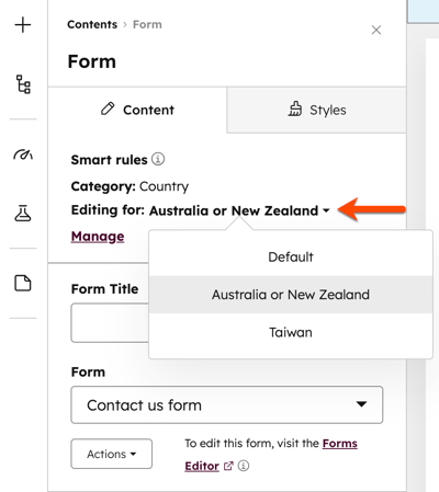 Screenshot of the sidebar editor with an open dropdown menu for Smart rules, showing the Default, Australia or New Zealand, and Taiwan segments.