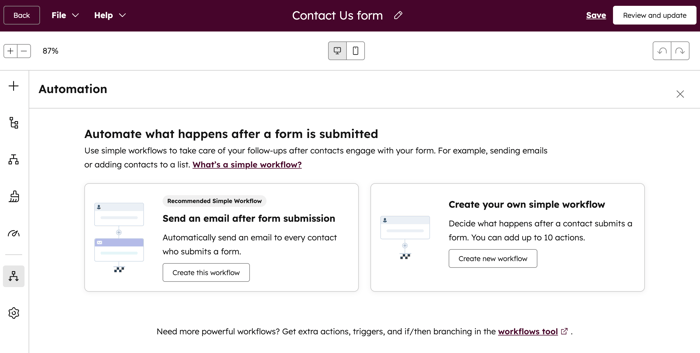 The forms editor, showing the automation tab with options to create a simple workflow.