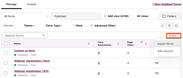 Screenshot of the forms index page showing the 'Actions' dropdown menu open, with the 'Export forms' option highlighted.