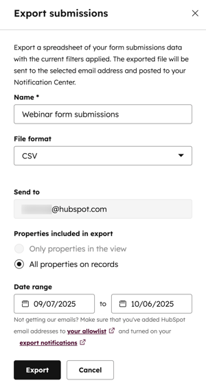 Screenshot des Dialogfelds "Einsendungen exportieren" mit Optionen für Dateiname, Dateiformat, E-Mail-Adresse, im Export enthaltene Eigenschaften und einen Datumsbereich.