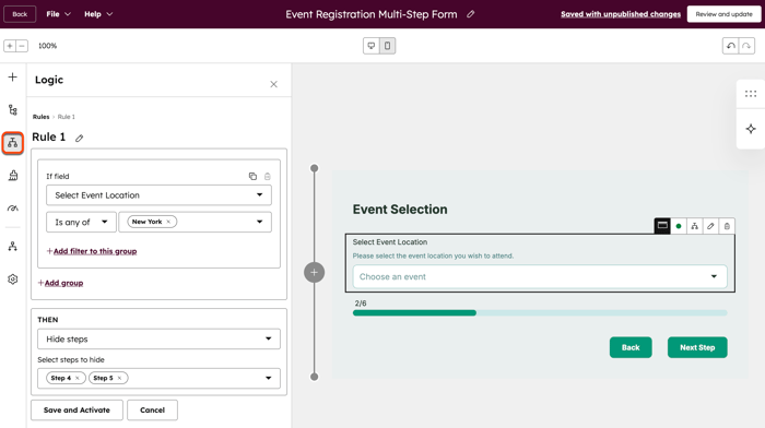 Form editor showing conditional logic to hide form steps in a multi-step form.