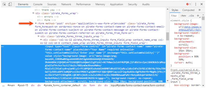 Chrome developer tools, displaying an example CSS selector on an external form.