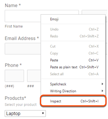 An external form, highlighting the option to inspect the form with Chrome developer tools.