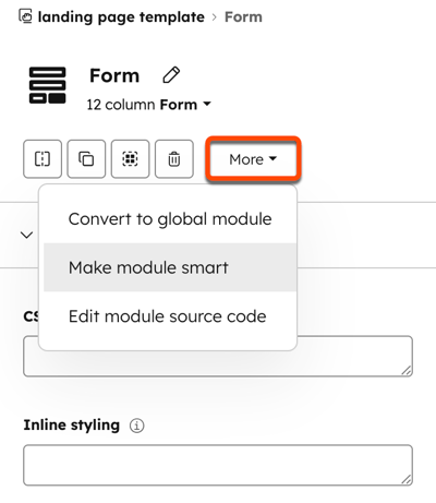 Screenshot of the template editor with the More dropdown open and highlighted, showing the Make module smart option.