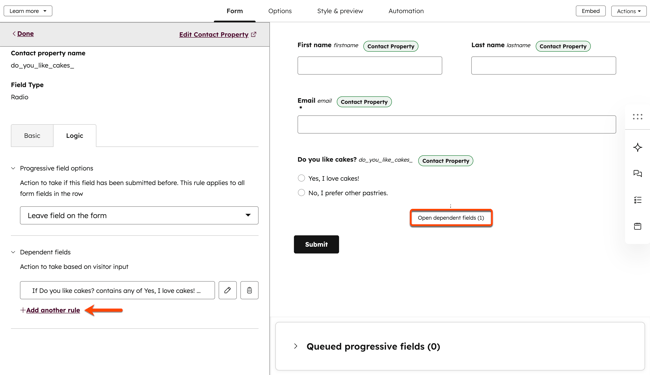 Screenshot of the legacy form editor showing dependent fields logic. The "Open dependent fields" button is highlighted.