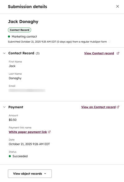 Form submission details showing the Payment section with the amount, payment link name, payment date, and the status of the payment.