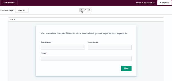 GIF showing device-type form previews, switching between desktop, tablet, and mobile layouts.