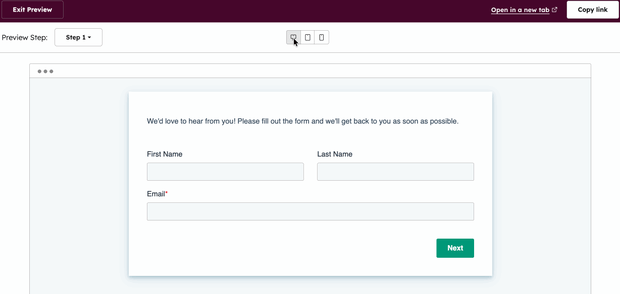 GIF showing device-type form previews, switching between desktop, tablet, and mobile layouts.