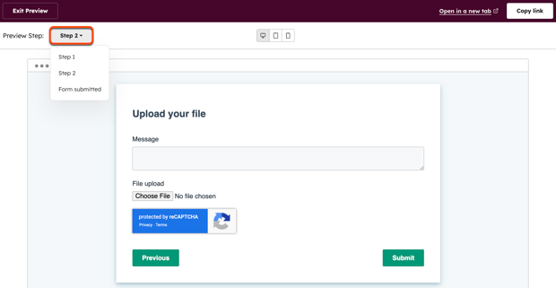 HubSpot form preview highlighting the Select Step dropdown menu to preview specific steps in a multi-step form.