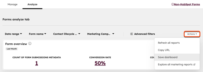 Forms analyze tab, displaying the option to save a new dashboard.