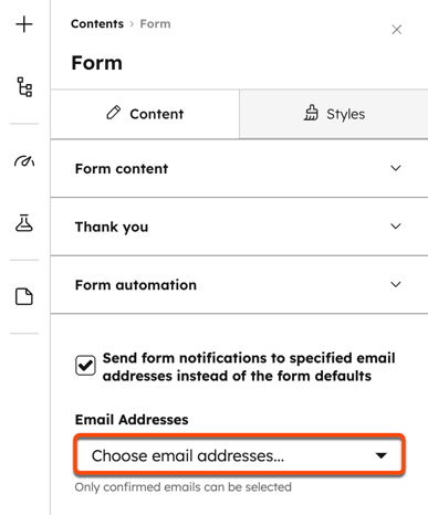 Content editor, showing the form module with the option to set form submission notification recipients.