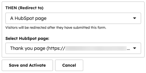 Screenshot of the form logic to redirect to a HubSpot page once a form is submitted.
