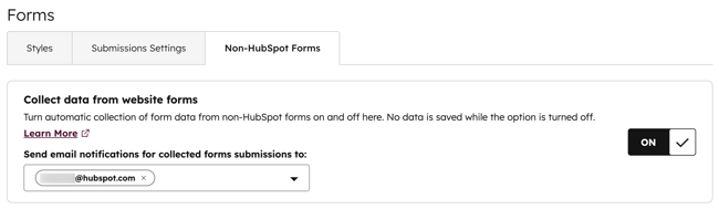 Screenshot of Non-HubSpot Forms settings, showing the toggle is ON and an email is set for submission notifications.