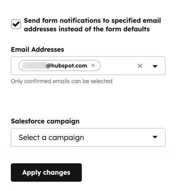 Screenshot of a form module's sidebar editor, showing the checkbox selected for “Send form notifications to specified email addresses” and the “Salesforce campaign” dropdown menu.